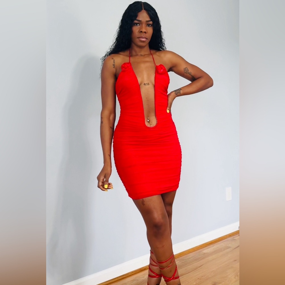 Sexy Red Extreme Deep V Rose Dress